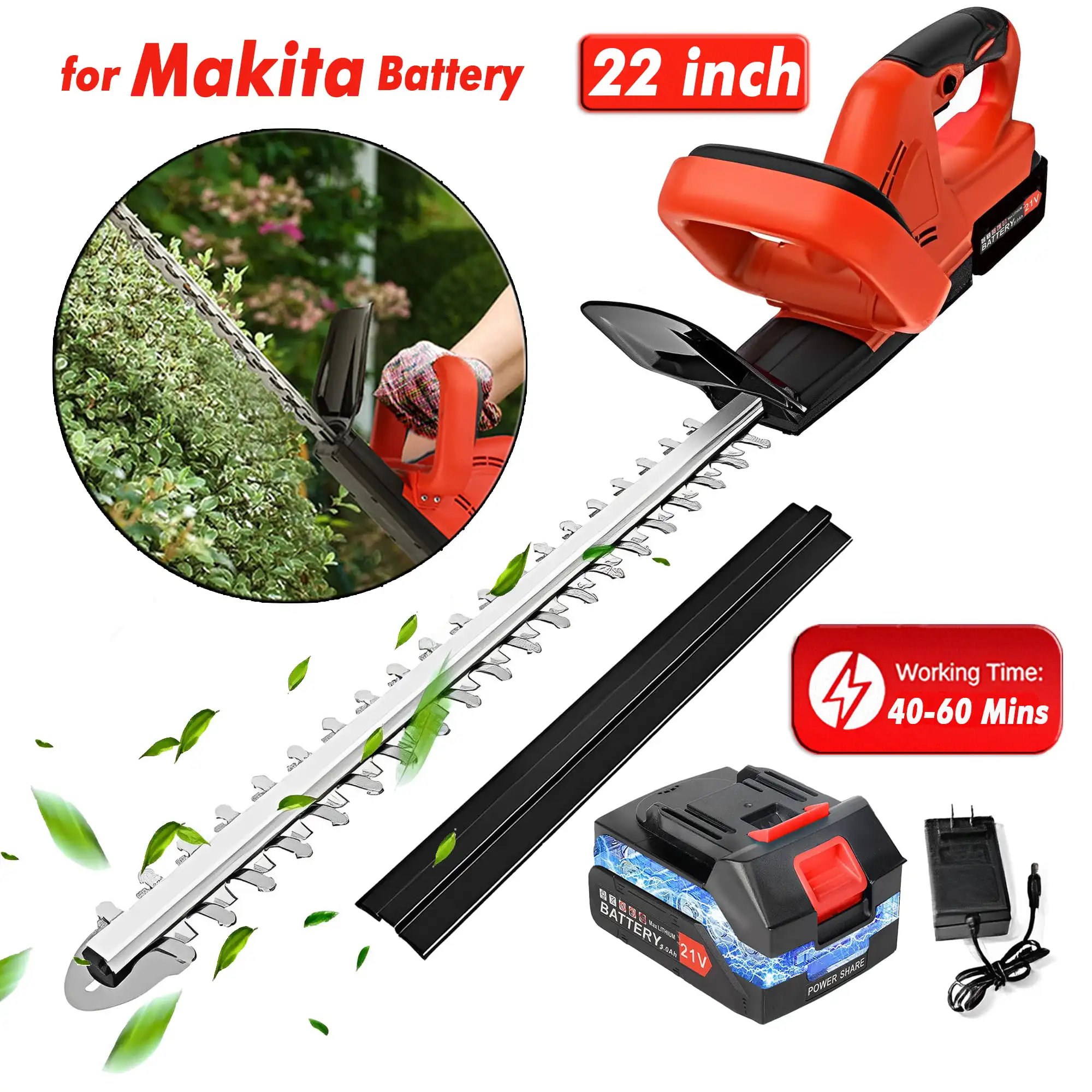 Cortasetos eléctrico inalámbrico, recortador de setos de 21V y 22 pulgadas con batería de 3.0Ah y cargador con doble Hoja de Acción, capacidad de corte de 3/5"