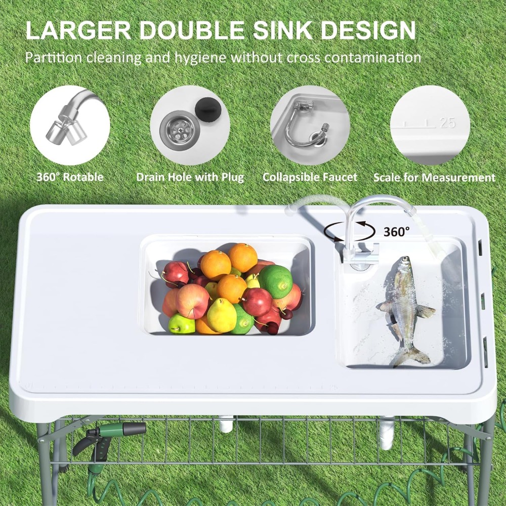 42.5" Fish Cleaning Table with Dual Sink, Portable Folding Camping Table with Faucet, Sprayer, Grid Rack, Hose Hook Up & Knife