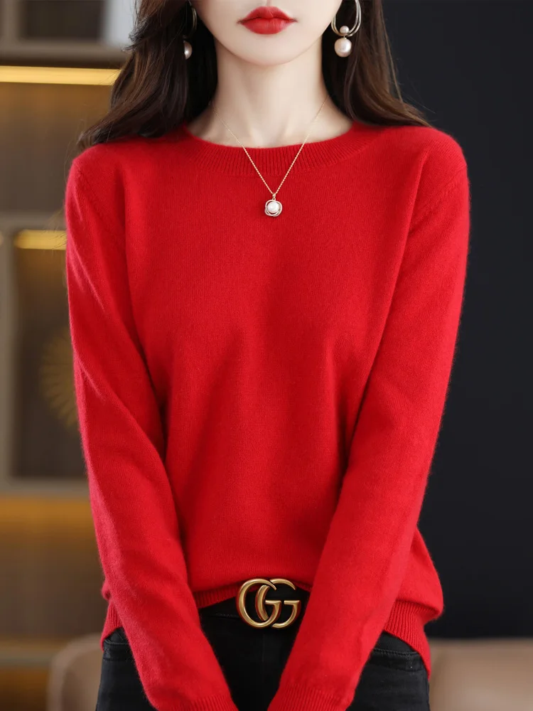 แฟชั่น 100% Merino ขนสัตว์เสื้อกันหนาว Elegant CASHMERE Pullover ผู้หญิง O-คอยาวแขนยาวเสื้อถัก Basic เสื้อผ้าเสื้อจัมเปอร์