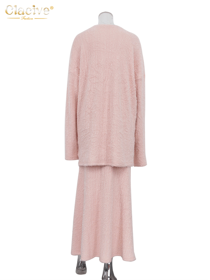 Clacive-Conjunto informal holgado de color rosa para mujer, conjunto de 2 piezas, camisa elegante de manga larga con falda hasta el tobillo de cintura alta, 2024
