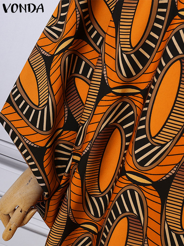プラスサイズ 5XL VONDA 女性エレガントな印刷ロングマキシドレス V ネックイブニングサンドレス 2025 カジュアル長袖ローブパーティー Vestidos
