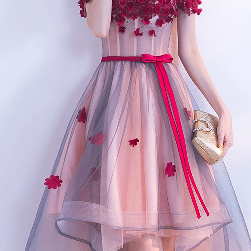 สูงต่ำใหม่ดอกไม้ชุดเดรสเพื่อนเจ้าสาว Elegant เรือคอสั้นแขนไข่มุก Robe De Soiree ชุดเจ้าหญิง