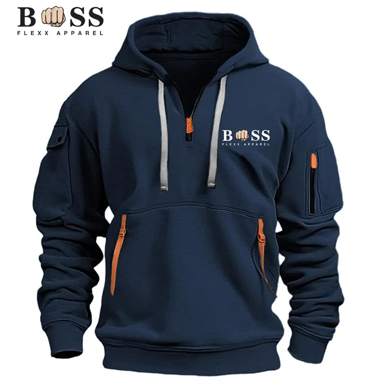 เสื้อสเวตเตอร์มีฮู้ดผู้ชาย,เสื้อสวมหัวกีฬาลําลอง,ซิปแขนยาวฮาราจูกุย้อนยุค,หลายกระเป๋า,แจ็คเก็ตหลวมลําลอง,Stre
