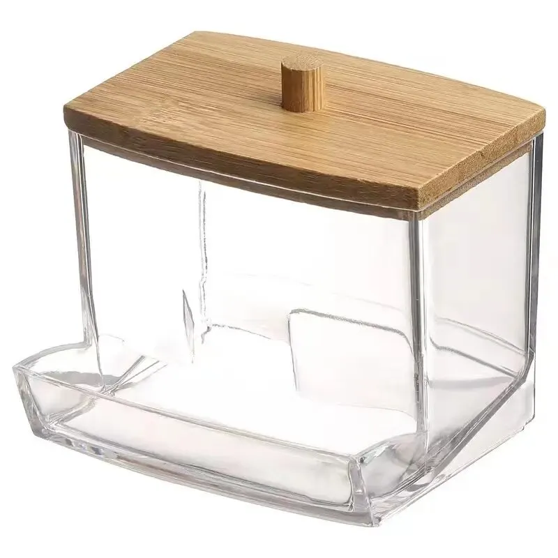 Caixa de cotonete de algodão-capa de bambu transparente à prova de poeira cotonete caixa de armazenamento de palito de dente dispensador visível multiuso