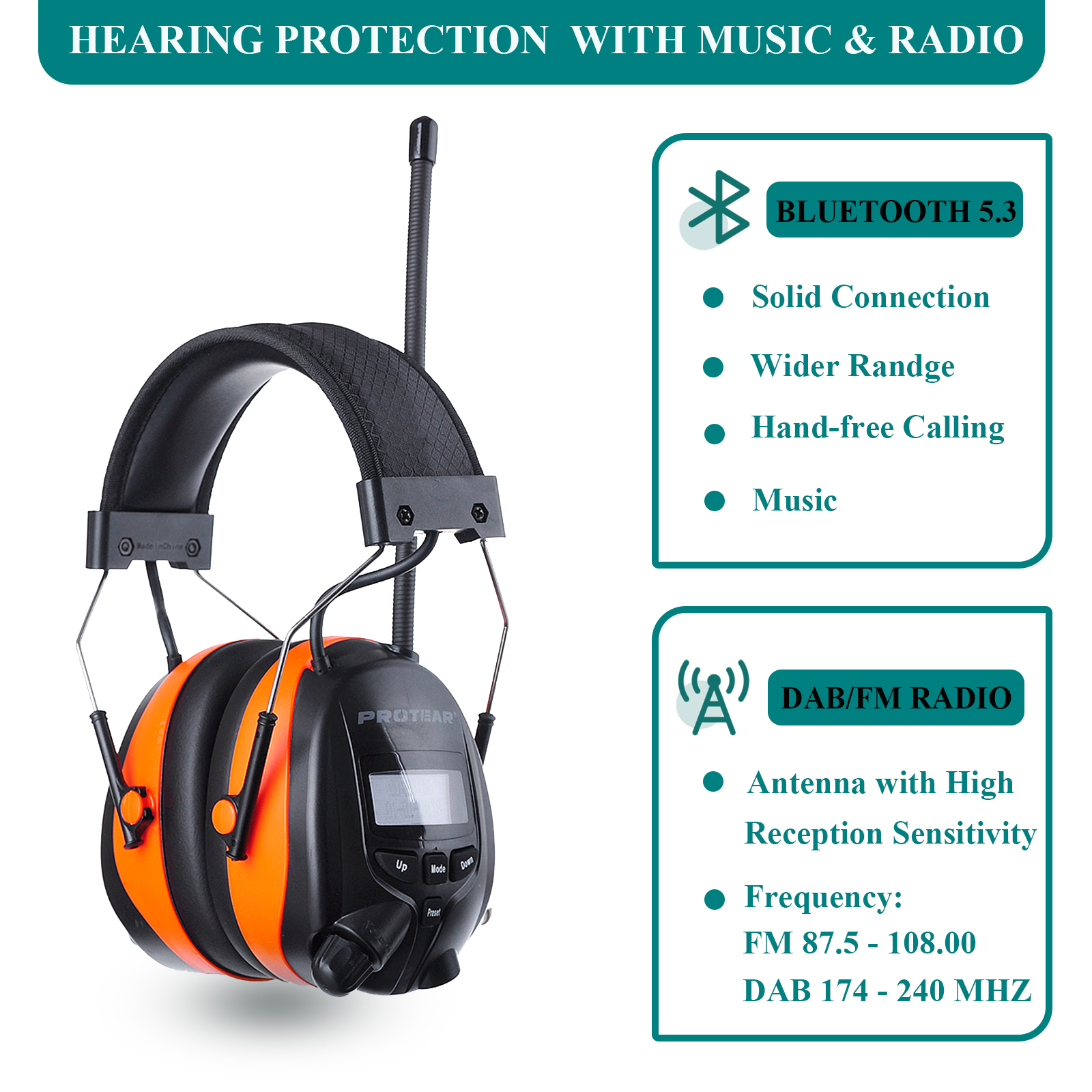 PROTEAR DAB/FM protectores auditivos de Radio con auriculares electrónicos recargables Bluetooth SNR 30db orejeras inalámbricas con cancelación de ruido