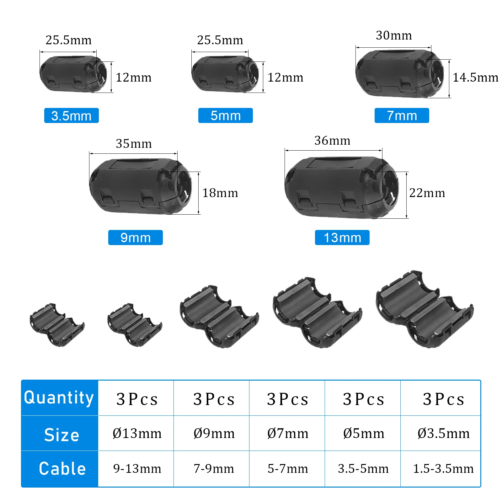 15pcs Clip-On NOISE FILTER,Ferrite Core Choke แหวน RFI EMI NOISE Suppressor สายคลิป 3.5-13 มม.