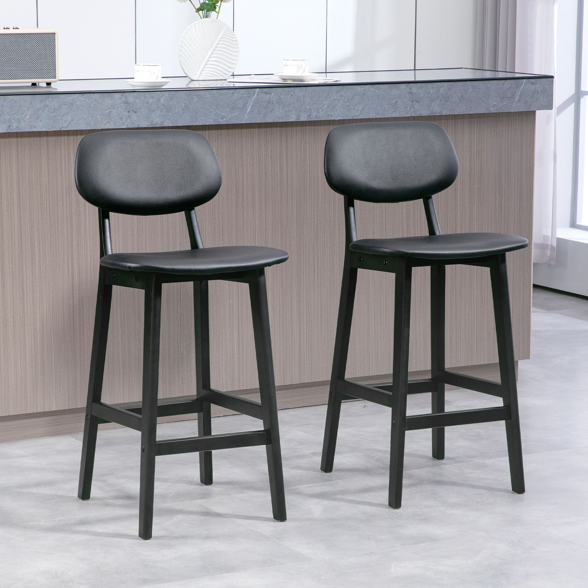 HOMCOM Breakfast Bar stools Set of 2 with PU Leather Cover, Wood Legs, Black