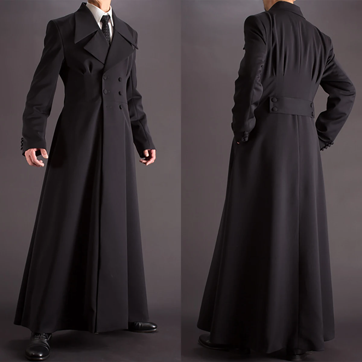 Manteau long noir classique à revers pointu, double boutonnage, vêtements d'extérieur, sur mesure, automne, hiver