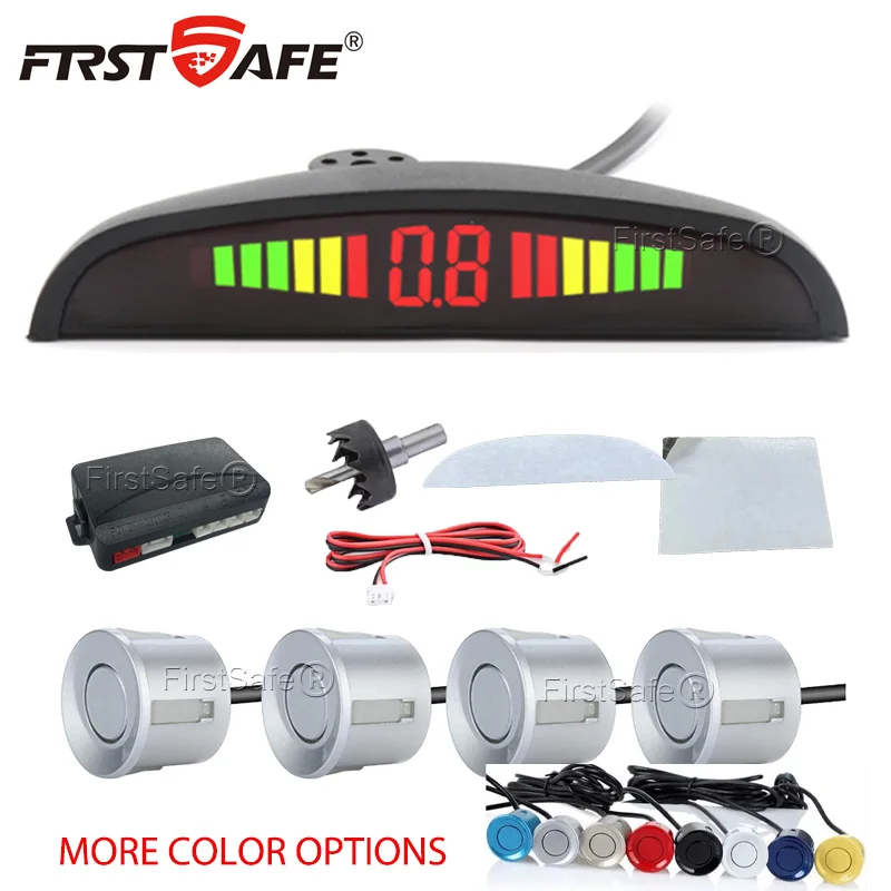 FirstSafe Factory Автомобильный светодиодный датчик парковки, 4 датчика, 22 мм, подсветка дисплея, комплект обратного радара, система монитора 12 В, 13 цветов