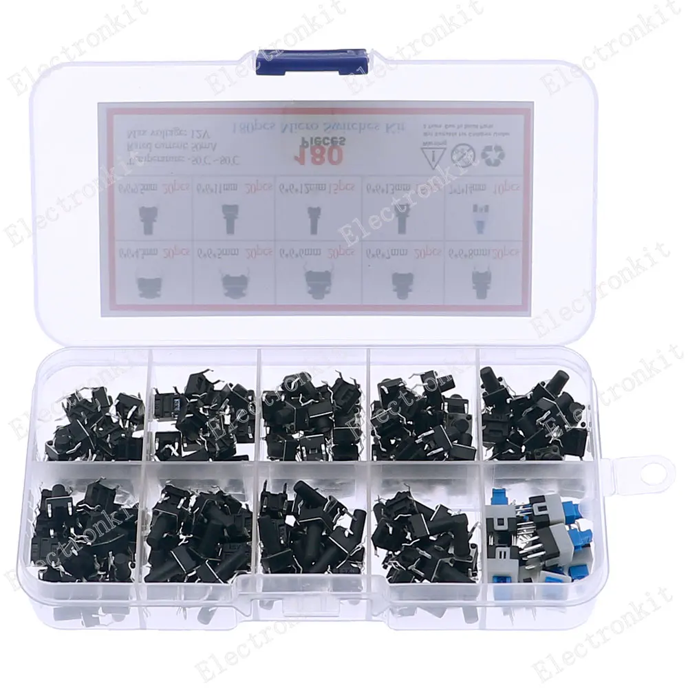180 pz 10 tipo 6*6 luce Micro interruttore tattile Set interruttore a pulsante assortimento Set fai da te 6x6 tasti Tact ON/OFF kit pacchetto misto