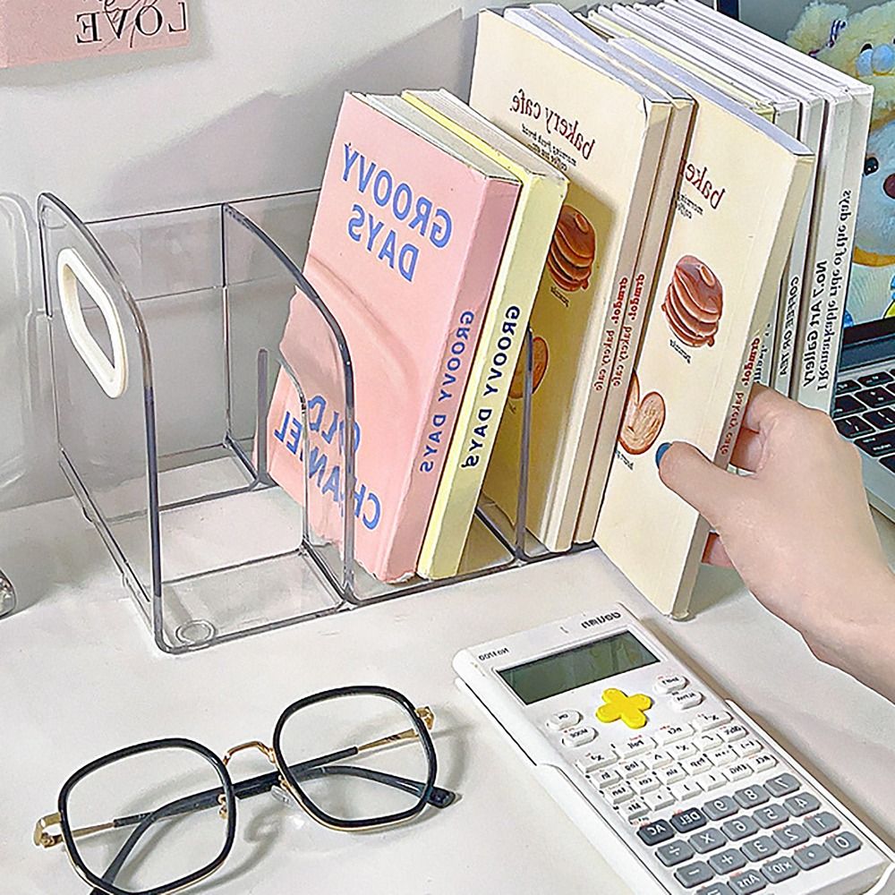 Clear Acrylic Bookends Convenient Desk Organizer with Handle Desktop Sorting Rack Divided Book Stand Study Supplies