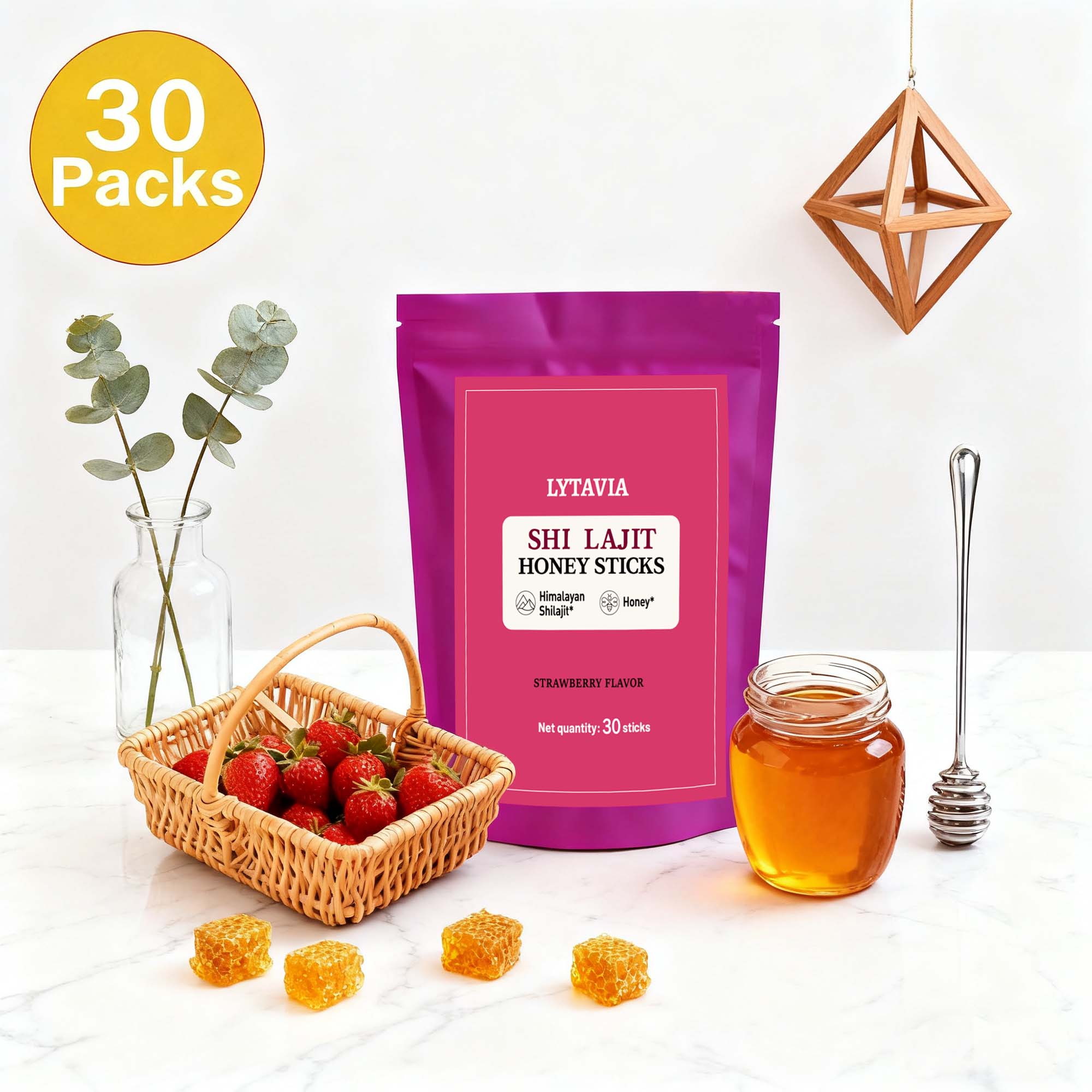 Himalaya Natural Strawberry Flavored Honey , Provide Energy Support, Contain Over 85 Trace Minerals - 7/30 Sticks