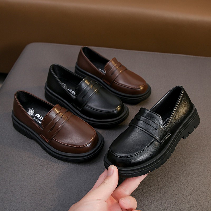 2023 Spring and Autumn New Boys Leather Shoes Children Britain Style Black Casual Shoes for Girls Performance Slip-on Loafers