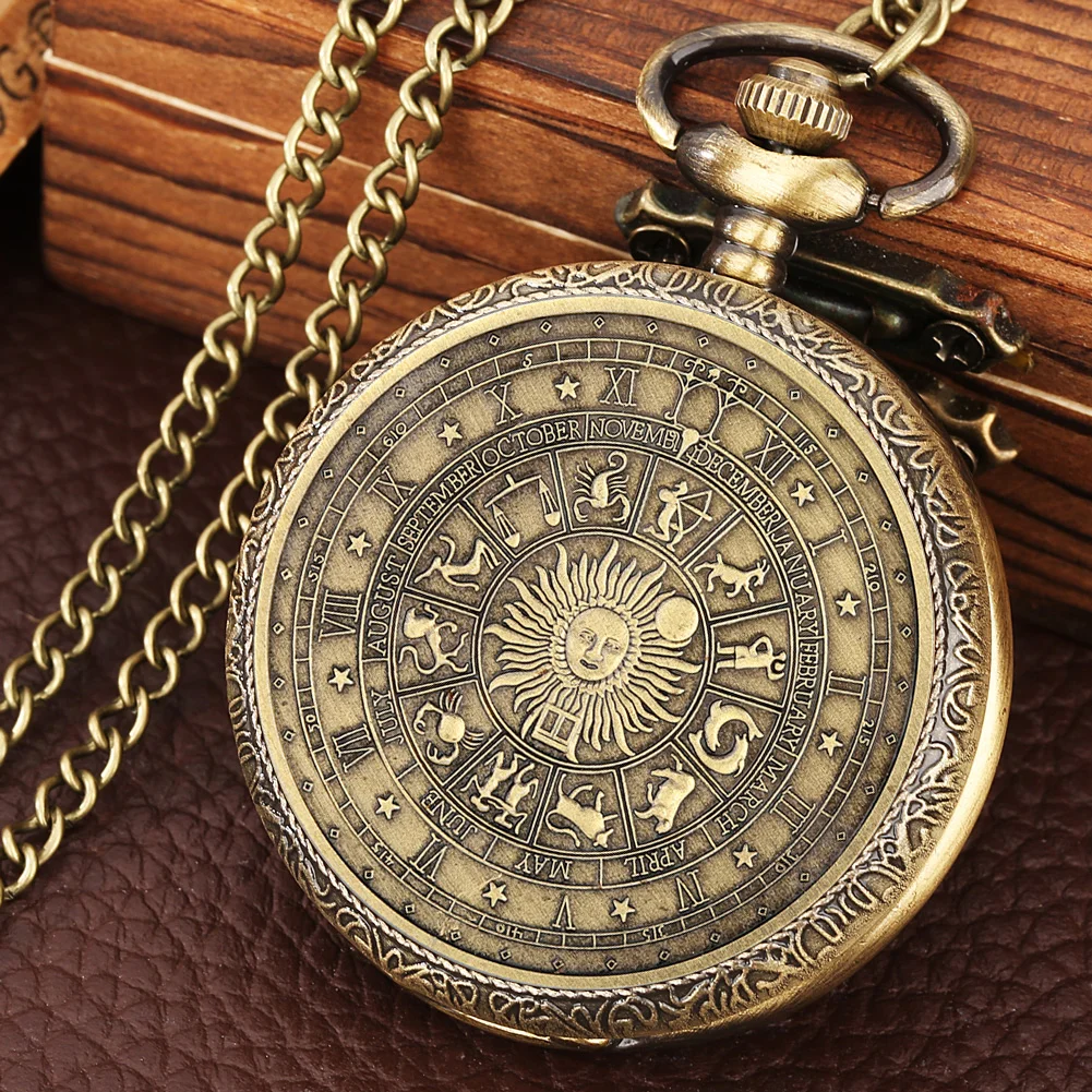 Brązowy Vintage Tarot pamiątkowy wzór zegarek kieszonkowy konstelacja szczęście słońce księżyc naszyjnik pamiątkowy dla dzieci mężczyzn Relogio Saa