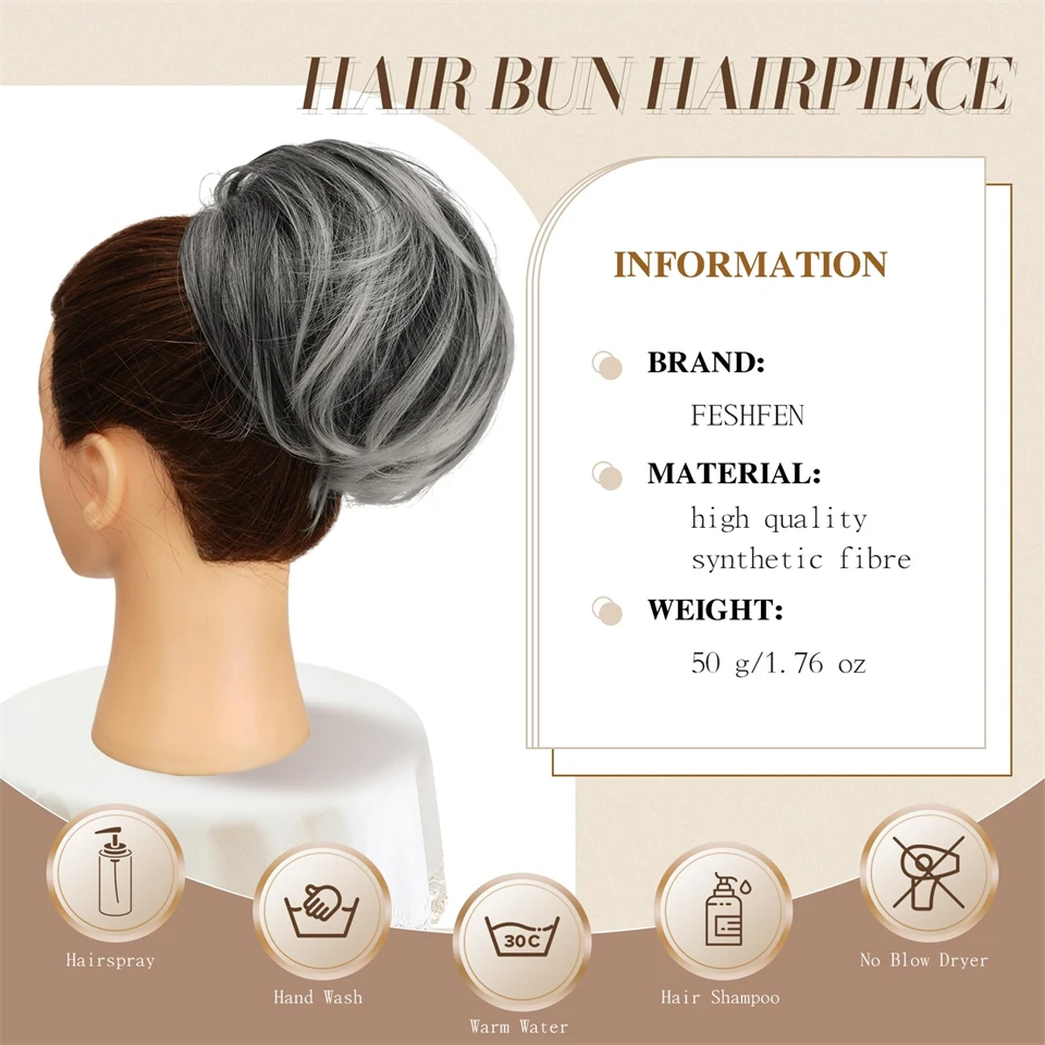 AOSI Short Ponytail Bun With Comb Clip Drawstring Synthetic Hair Extensions Gray And White Hair Extensions Ponytail Wig