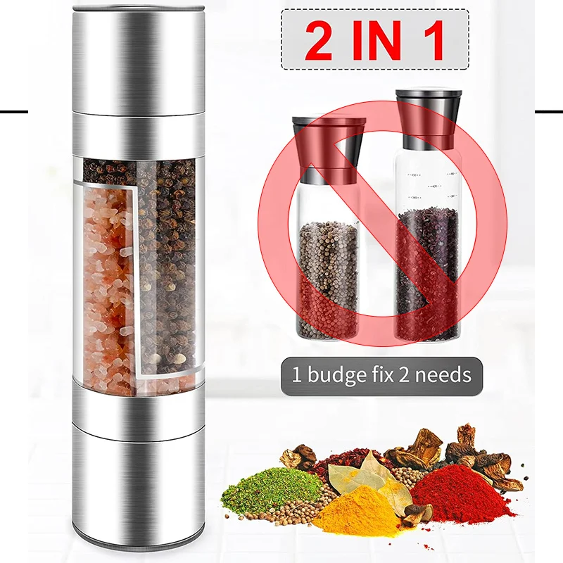 2 In 1 เครื่องบดด้วยตนเองสแตนเลสเกลือพริกไทยโรงสีปรับเซรามิคบดเครื่องเทศ Mill ครัวเครื่องมือ
