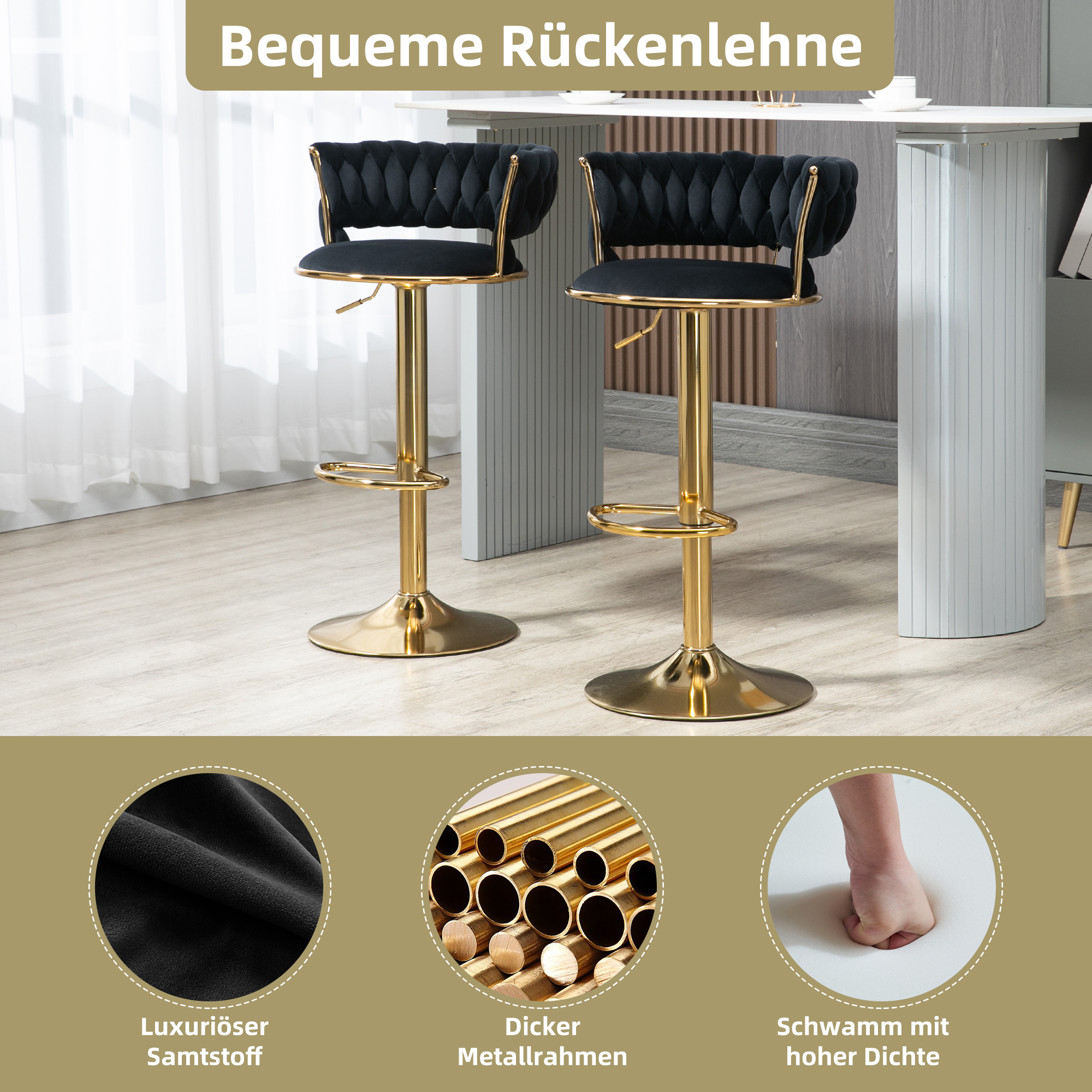 Lazyspace Barhocker, 360° °   Drehbarer, höhenverstellbarer Barhocker, weich gepolsterter Esszimmerstuhl aus Samtstoff, vielseitig einsetzbar