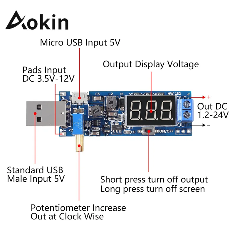 Aokin Micro USB 5V DC-DC convertidor Buck Boost módulo de fuente de alimentación reguladores de voltaje ajustables 3,5-12V a 1,2-24V