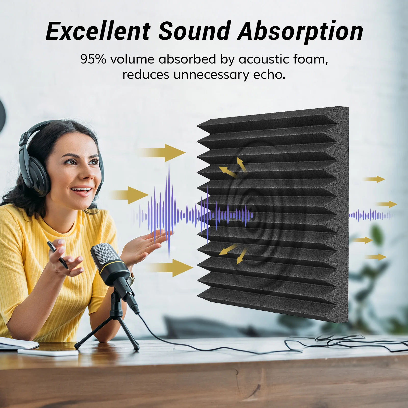 12*12*2 Inches Self-Adhesive Acoustic Foam Panels, 3D Pyramid Designed Sound Pannels for Absorption of Echoes, Fast Expand