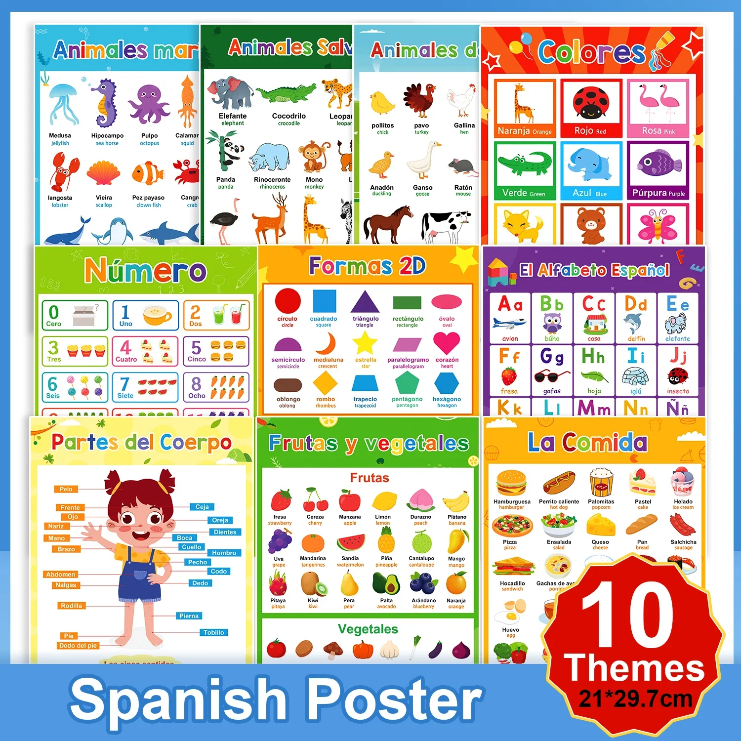 10 temas para niños aprendiendo francés, coreano, español, inglés, tarjetas grandes, juguetes, decoración para el aula escolar, póster A4, juguetes educativos