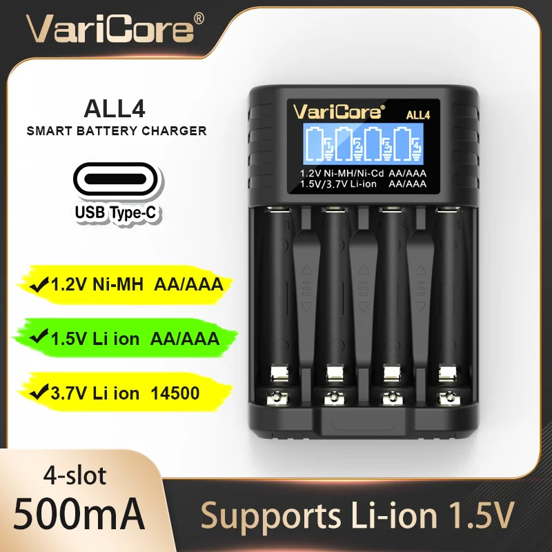 Cargador VariCore AA/AAA 4 cargador LCD ALL4 8 de alta velocidad con 8 ranuras, adecuado para baterías recargables de iones de litio Ni-MH de 1,2 V 1,5 V/3,7 V