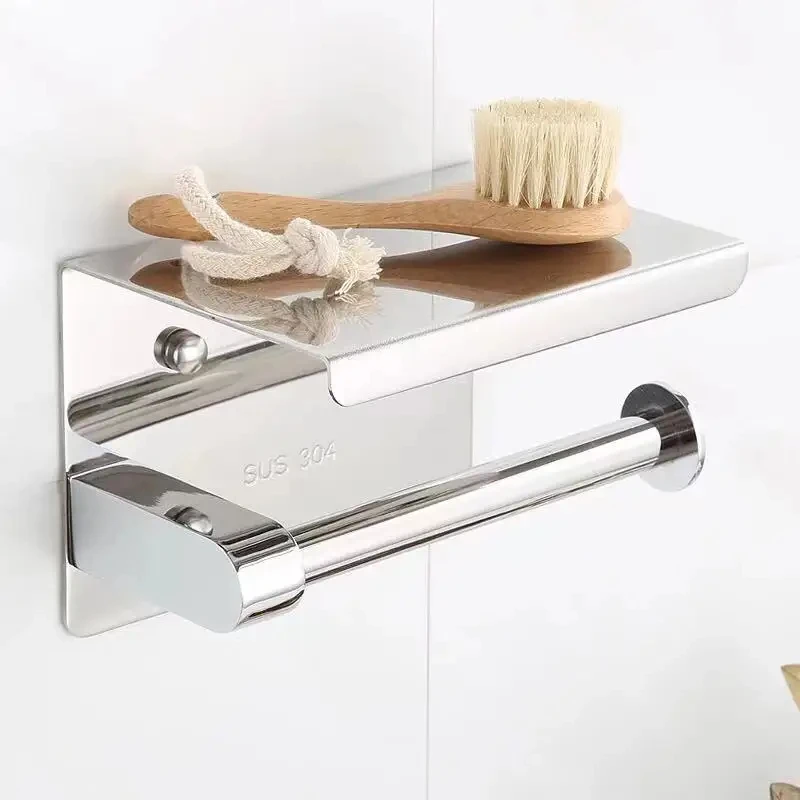 สแตนเลสห้องน้ําผู้ถือกระดาษห้องน้ําม้วนผู้ถือไม่มีเจาะ Wall Mount WC กระดาษผู้ถือโทรศัพท์บ้านกระดาษผ้าเช็ดตัวผู้ถือ