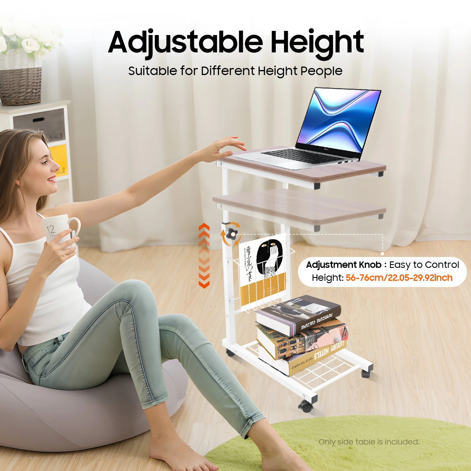 Versatile Adjustable Side Table: Height-Adjustable, Rolling Wheels, and Storage Basket for Home, Office, or Small Spaces