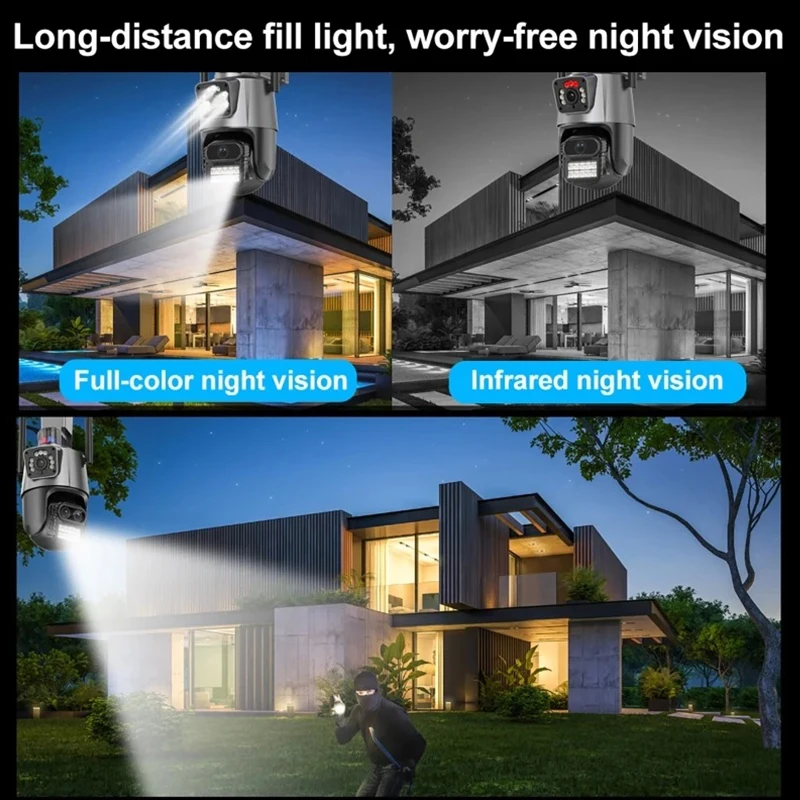 Telecamera WiFi da 8MP Telecamera di sicurezza esterna con zoom 8X Video sorveglianza 4K Tre obiettivi Doppio schermo PTZ ICsee Alexa NVR Sicurezza CCTV
