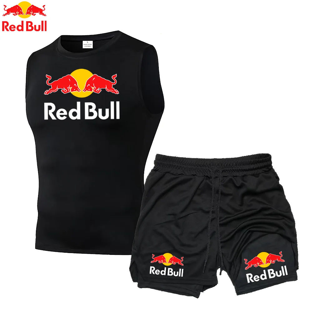 Quick Dry Running Red Bull Vests Men Double Deck 2 in 1 Shorts Sets Rashgard Fitness Sport Gym Tank Tops Set For Mens