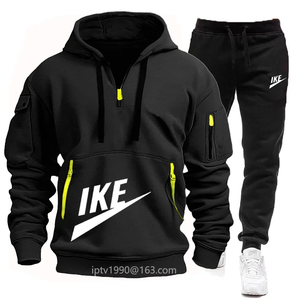 Sudadera con capucha para hombre y pantalones de chándal informales, chándal de dos piezas con cremallera y traje para correr con múltiples bolsillos