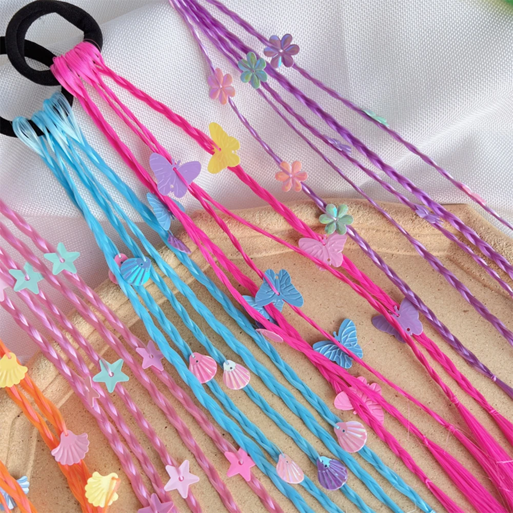 Estensioni dei capelli trecce colorate sintetiche per ragazze con elastici Posticci intrecciati arcobaleno Accessori per capelli coda di cavallo per ragazze