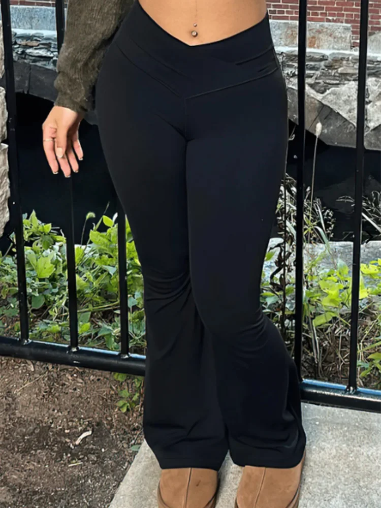 Leggings acampanados con cintura cruzada en V para mujer, pantalones de Yoga con Control de barriga, cintura alta, pantalones de pierna ancha transpirables, pantalones informales elegantes