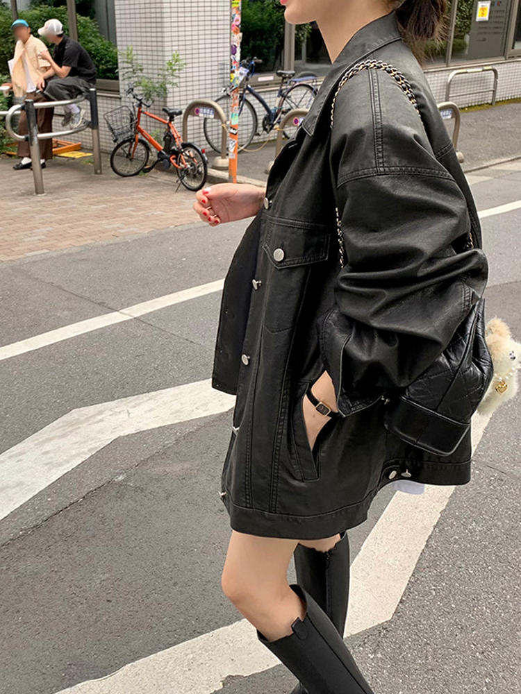 レトロ韓国スタイルの女性のレザージャケットコートカジュアルミッドレングスアウターオープンカーディガン秋冬ハイエンドルーズ Pu レザー