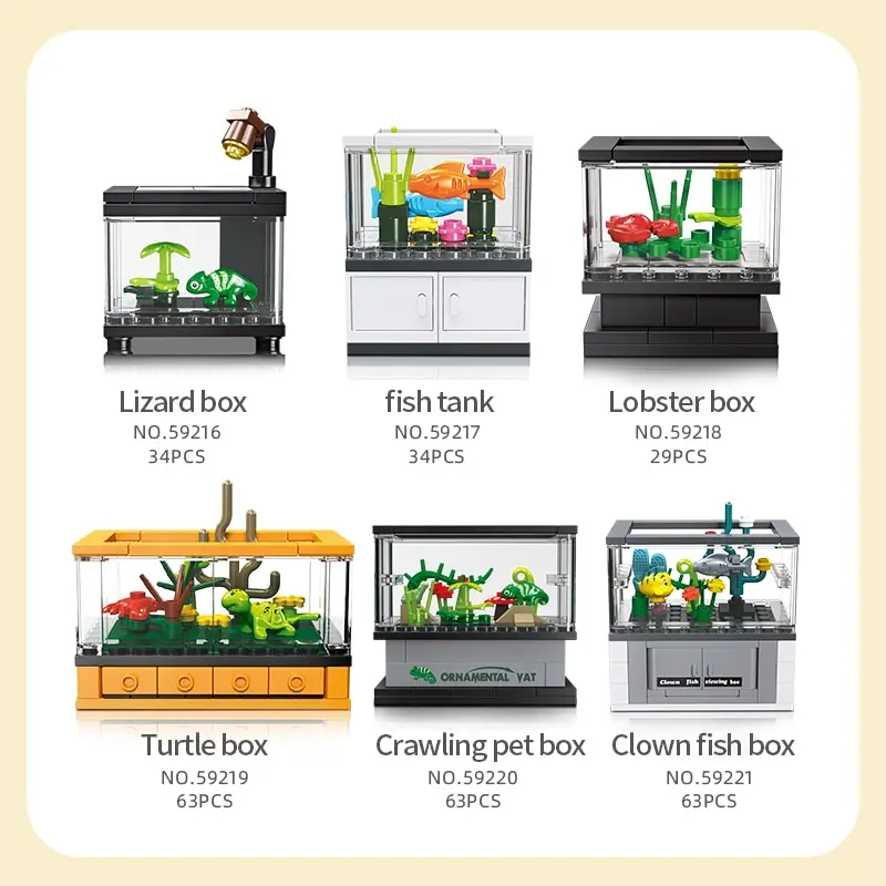 Micro Fish Tank Series Building Blocks Set Clownfish Lobster Display Box Modelo Crianças Criativo Diy Educacional Bricks Toys