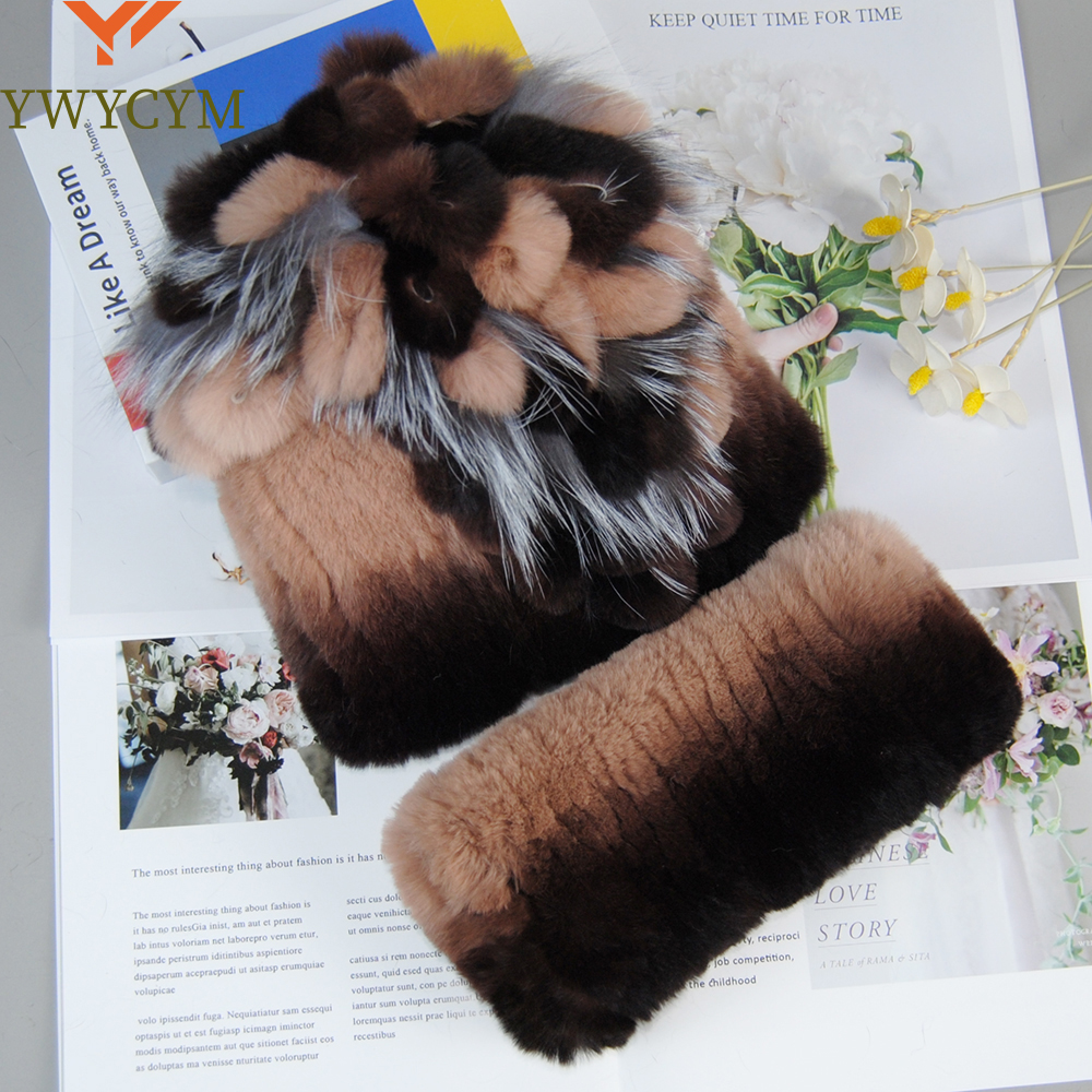 Hot Koop Vrouwen Warm Rex Konijnenbont Muts Sjaal Sets Winter Dame Gebreide Bont Hoeden Uitlaat 2 Stuks Natuurlijke Rex Konijnenbont Cap Sjaals