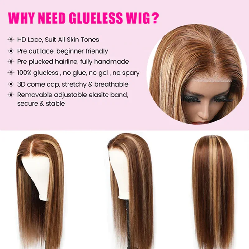 Выделите бесклеевой парик из человеческих волос, готовые к ношению и работе для женщин, 13x6 Hd, фронтальные прямые медовые блондинки, кружевные передние парики на продажу