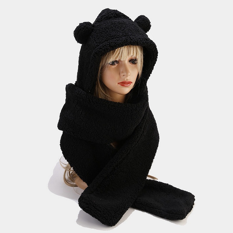Gorro cálido con orejas de oso, conjuntos de bufanda para mujer y hombre, gorros gruesos de lana de cordero de invierno, gorros cálidos de una pieza, protección para el cuello al aire libre, traje con forro polar