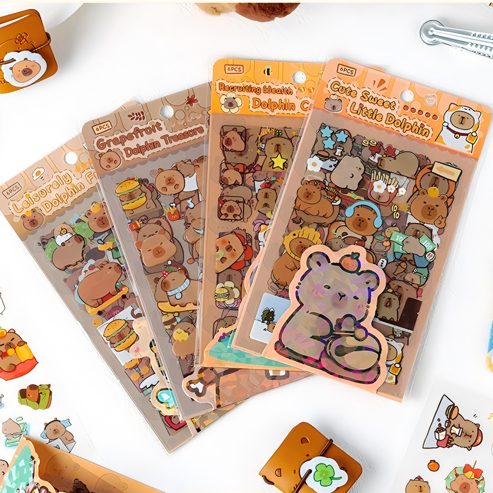 6 hojas/paquete de pegatinas transparentes de capibara de dibujos animados, calcomanías Kawaii para niños, juguetes impermeables, papelería para diario DIY, suministros escolares