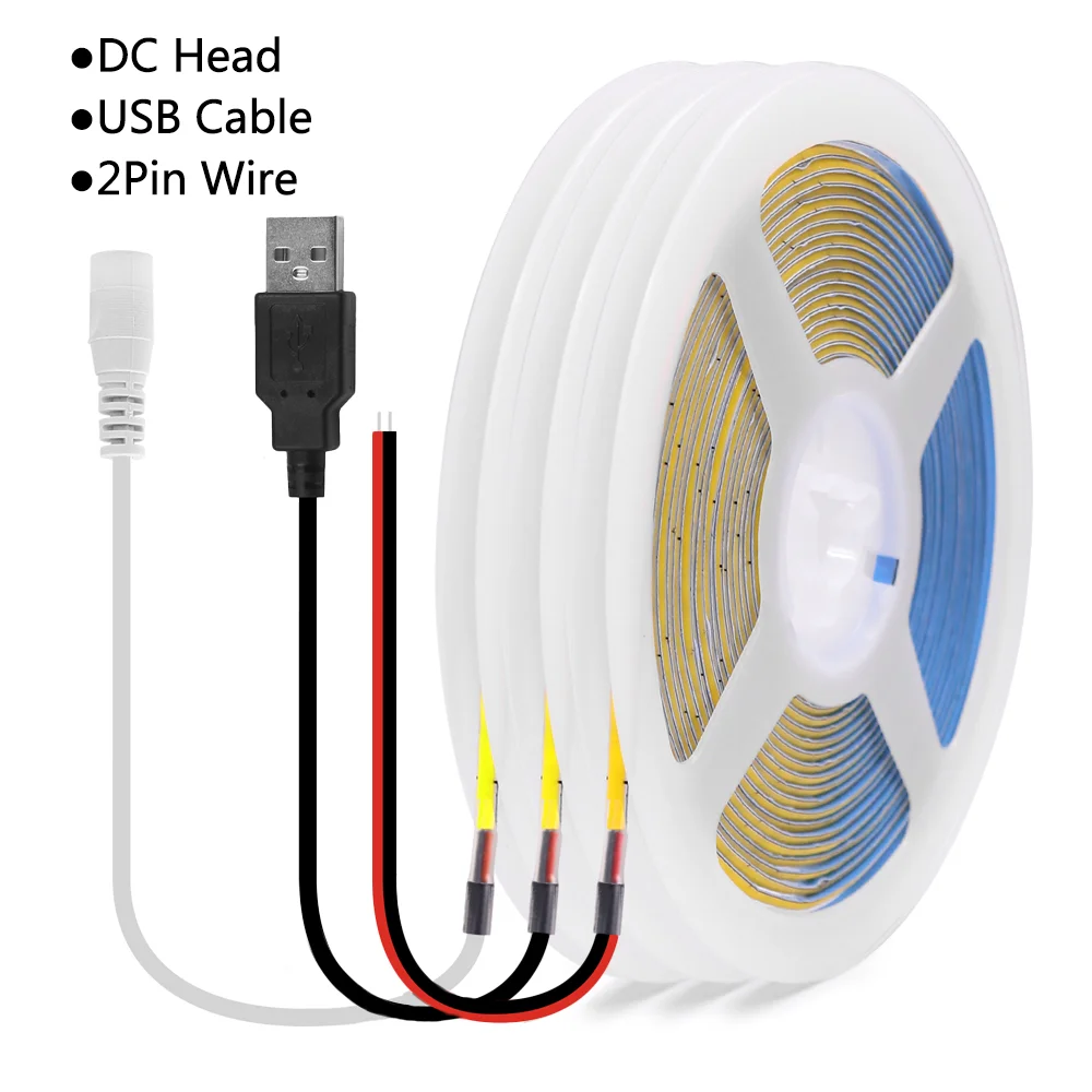 5V COB LED Strip Light 3mm PCB เทปยืดหยุ่นบางเฉียบ 320 LEDs/M RA90 หรี่แสงได้ LED ริบบิ้นอุ่นสีขาวธรรมชาติ Linear Lighting
