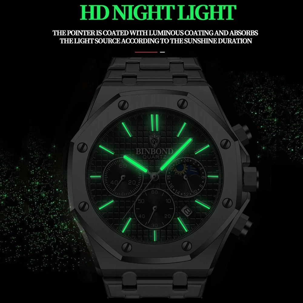 High end สามตาหกเข็มมัลติฟังก์ชั่ Lunar Phase Precision เข็มขัดผีเสื้อหัวเข็มขัดควอตซ์นาฬิกา relojes Para hombre