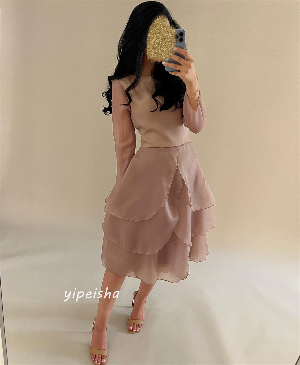 Customized   Chiffon Tiered Draped Homecoming A-line Jewel Bespoke Occasion Gown Knee Length Dresses