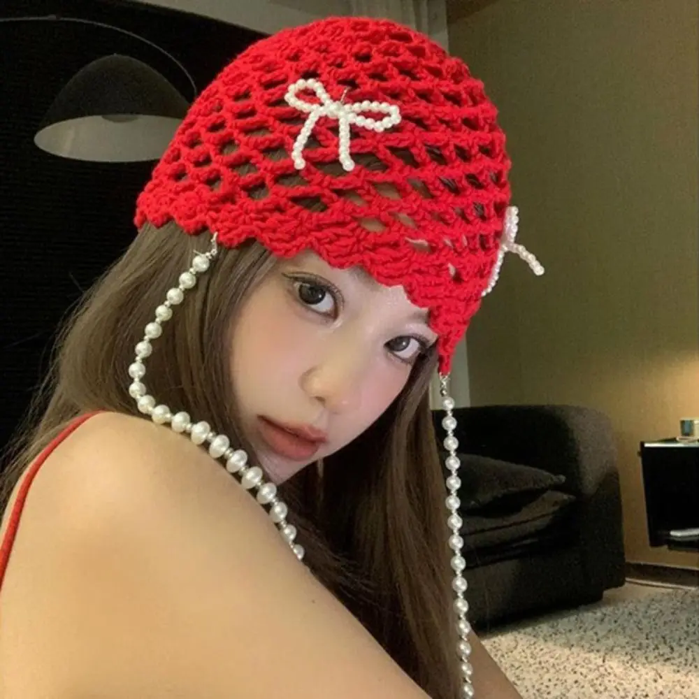 Topi Rajut Crochet Mutiara Manis dengan Rumbai, Gaya Bohemian Berongga dengan Pita Mutiara, Beanie Korea Buatan Tangan Gaya Etnik untuk Luar Ruangan