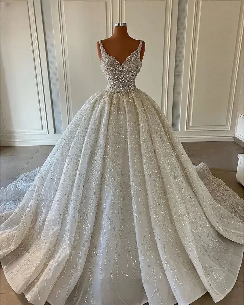 ที่กําหนดเอง V คอ Gorgeous Sequineds Appliques Sparkly คริสตัลชุดแต่งงานอย่างเป็นทางการชุดเจ้าสาว Robe De Mariée