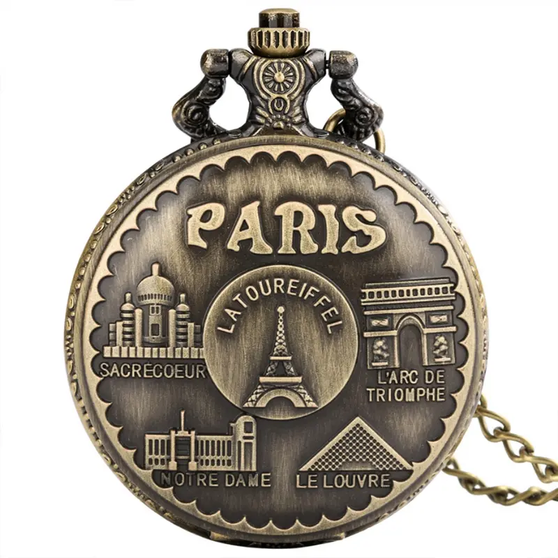 Vintage Paris Eiffelturm Notre Dame Design Quarz Taschenuhr LE LOUVRE Halskette Anhänger Kunst Souvenir Uhr für Männer Frauen