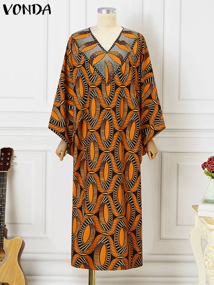プラスサイズ 5XL VONDA 女性エレガントな印刷ロングマキシドレス V ネックイブニングサンドレス 2025 カジュアル長袖ローブパーティー Vestidos