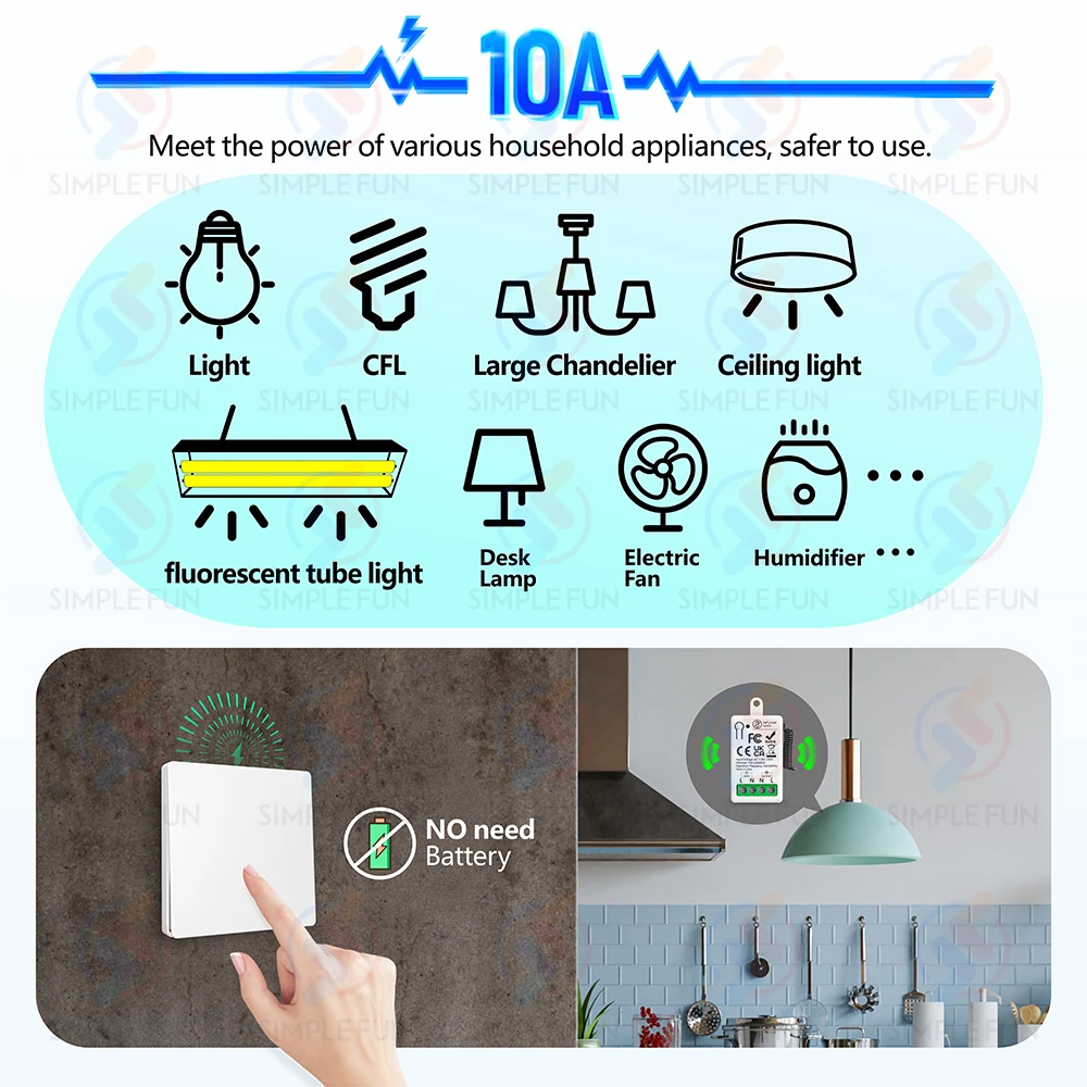 433mhz Wireless Light Switch 110V 220V 230V Self-generating Wireless Switch No Battery Required Self-Powered Waterproof Remote