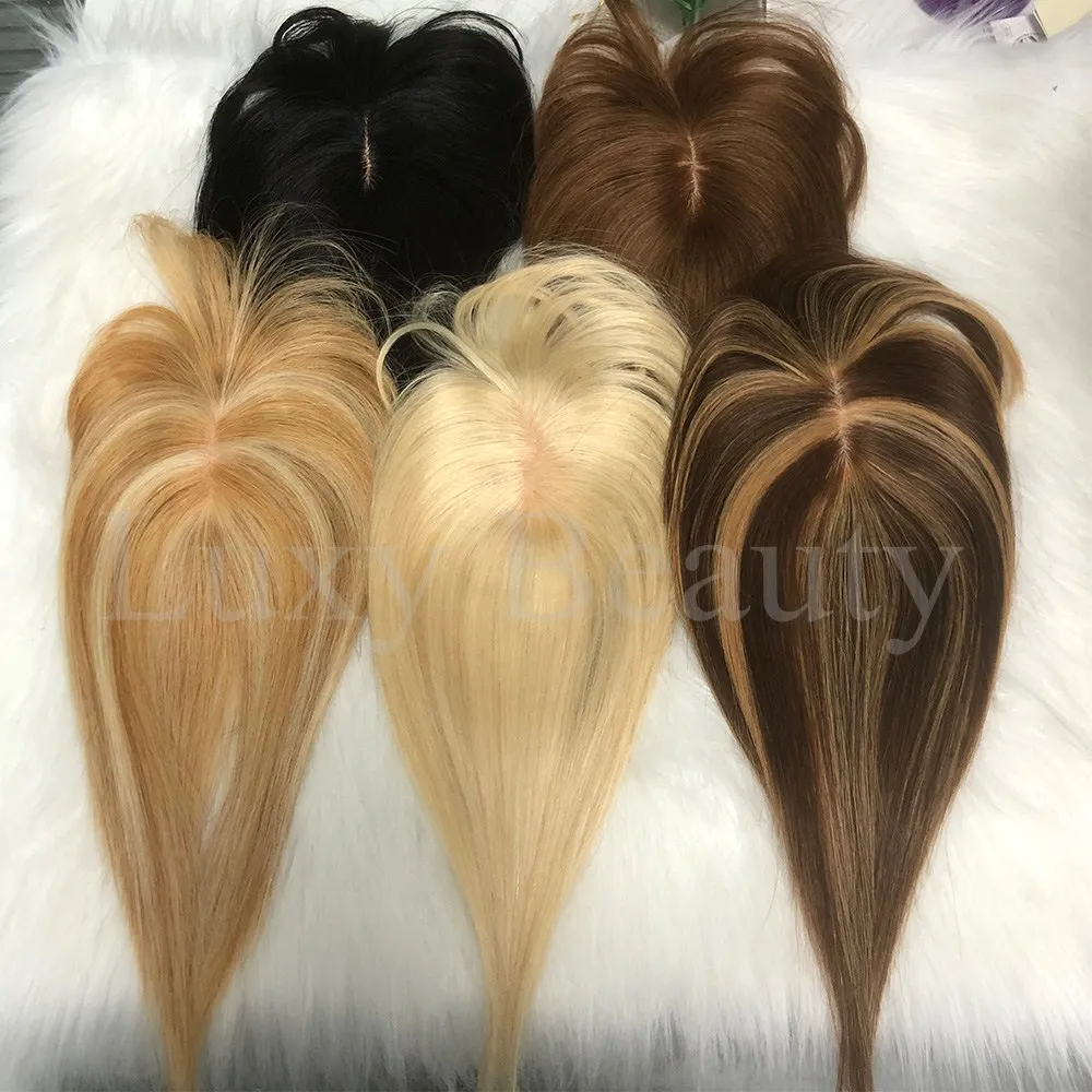 Topper de cabelo humano com franja, 8x12cm, natural, preto, marrom, destaques, pele loira, clipe de couro cabeludo em topper, peças de cabelo humano