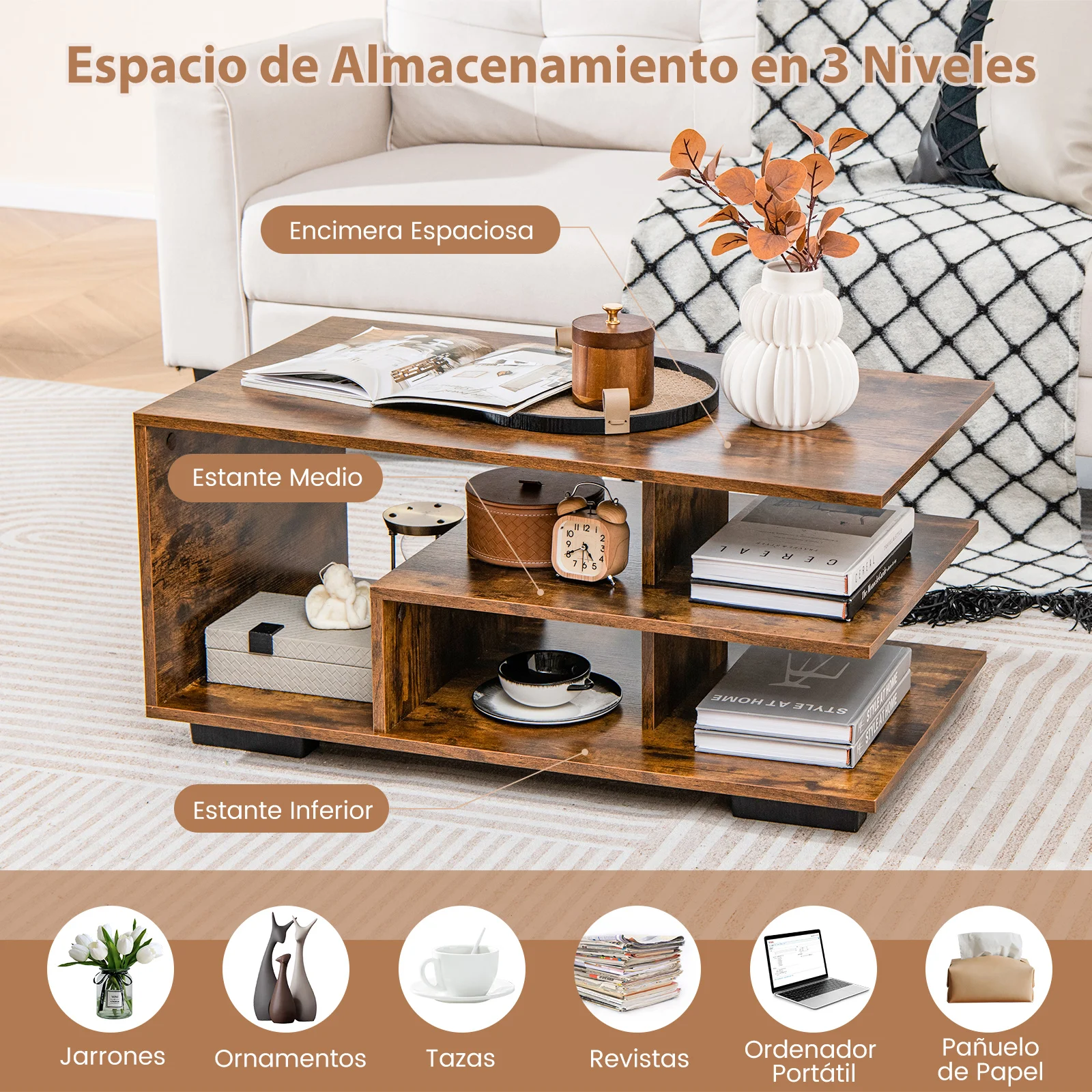 Mesa de Centro, Mesa de Salón con Almacenamiento en 3 Niveles, Mesa de Café Rectangular Moderna con Estante Medio en Forma de L, Mesa Geométrica Versátil para Sala de Estar