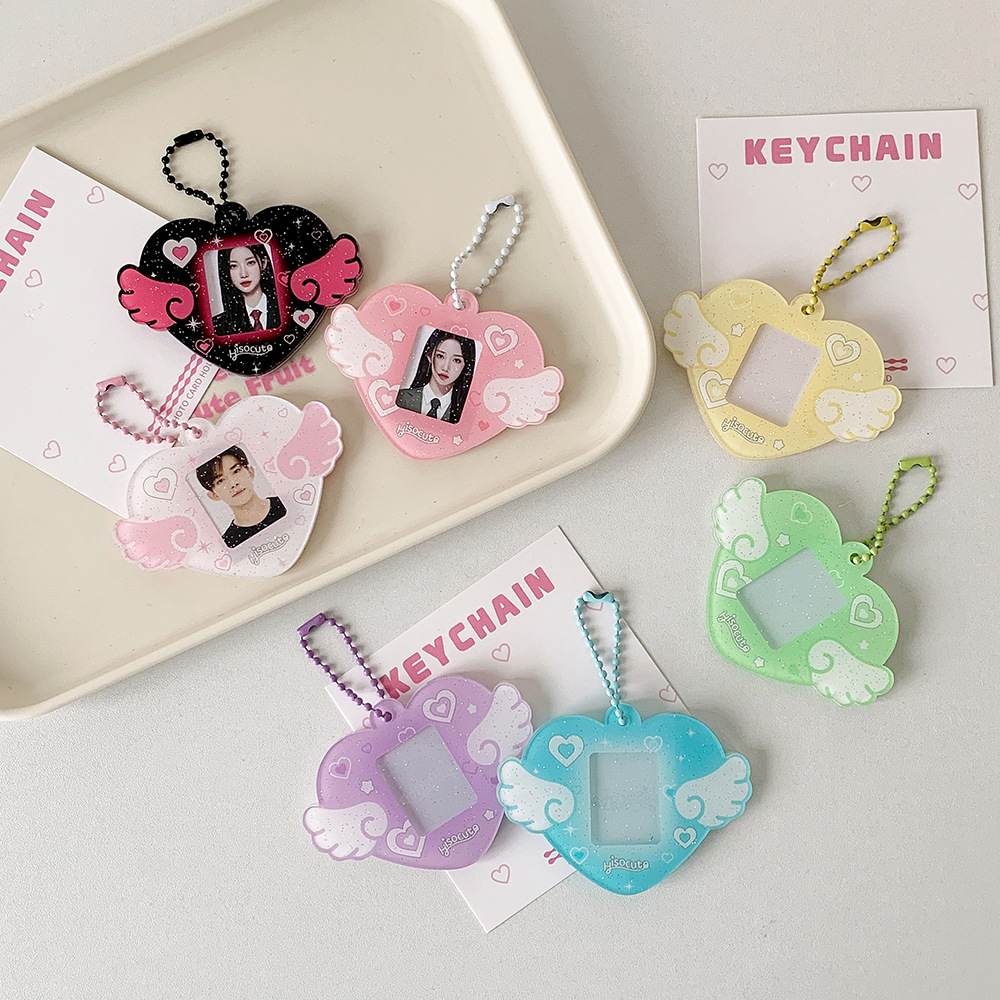 INS Style Korean Style Heart Wings Hard Card Folder Brick Acrylic for 1 inch ID Photo Storage Display Pendant Keychain Ornaments