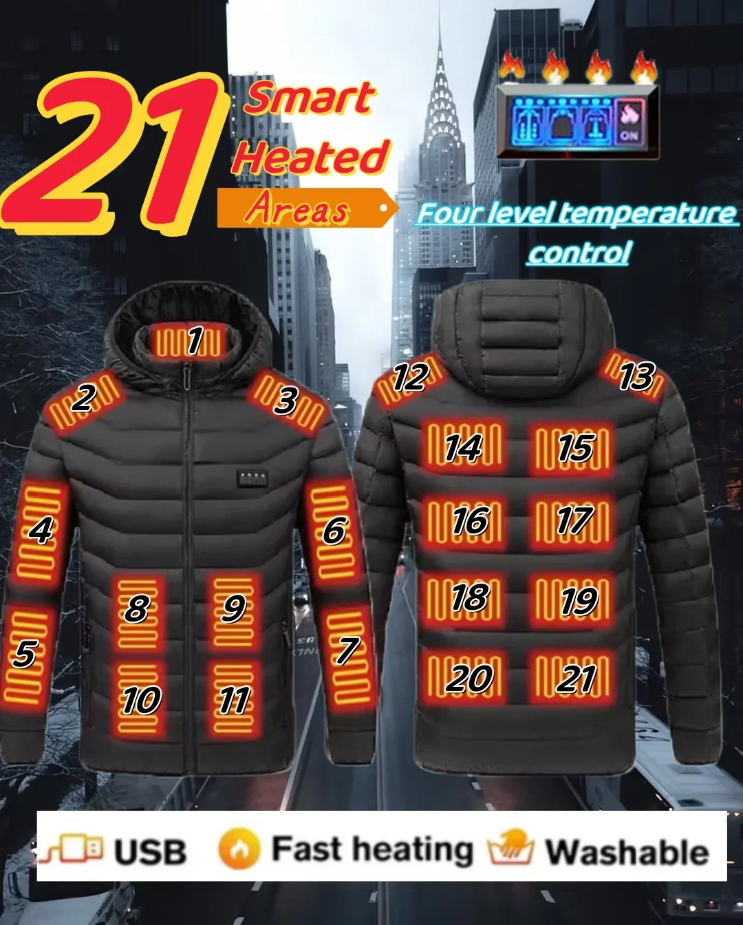 Vêtements chauffants multizone pour hommes, manteau à capuche, veste d'outillage simple, document solide, froid et chaud, mode d'hiver, USB 21, 23/25